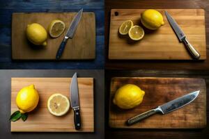 a cutting board with a knife and a knife with a l photo