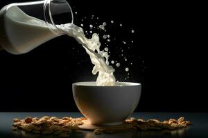 a cup of milk and a bowl of cereal being poured i photo