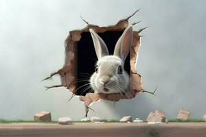 un linda Conejo mira desde un roto pared en 3d foto