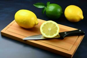 a cutting board with a knife and a knife with a l photo