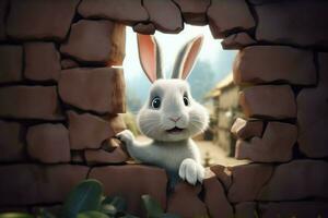 a cute rabbit looks from a broken wall in 3d photo