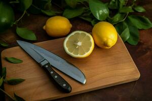 a cutting board with a knife and a knife with a l photo