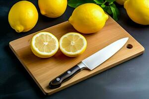 a cutting board with a knife and a knife with a l photo