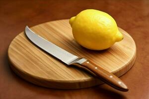 a cutting board with a knife and a knife with a l photo