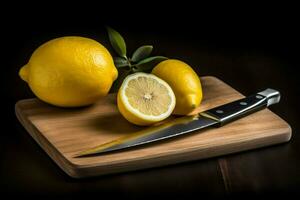 a cutting board with a knife and a knife with a l photo