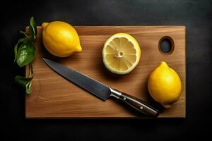 a cutting board with a knife and a knife with a l photo