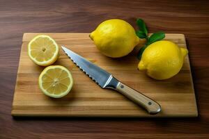 a cutting board with a knife and a knife with a l photo