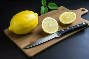 a cutting board with a knife and a knife with a l photo