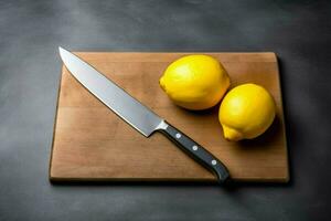 a cutting board with a knife and a knife with a l photo