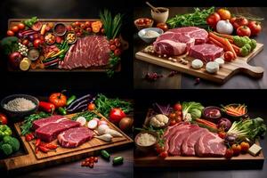 a cutting board with meat and vegetables on it photo