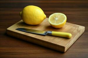 a cutting board with a knife and a knife with a l photo