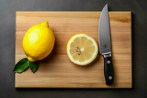 a cutting board with a knife and a knife with a l photo
