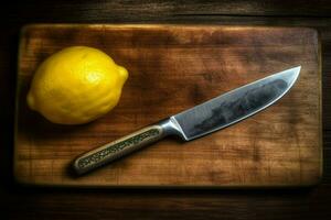 a cutting board with a knife and a knife with a l photo