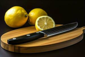 a cutting board with a knife and a knife with a l photo