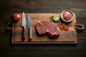 a cutting board with a knife and fork next to a p photo