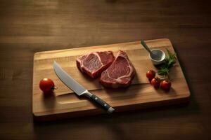 a cutting board with a knife and fork next to a p photo