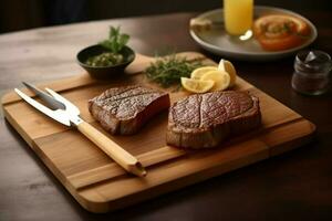 a cutting board with a knife and fork next to a p photo