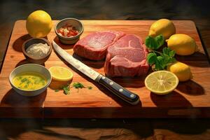 a cutting board with meat and lemons on it photo