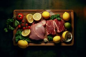 a cutting board with meat and lemons on it photo