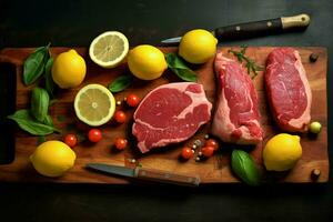 a cutting board with meat and lemons on it photo