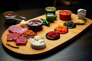 a cutting board with meat and sauces on it photo