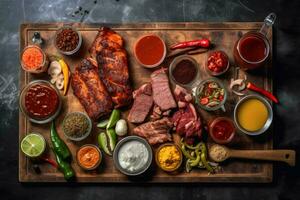 a cutting board with meat and sauces on it photo