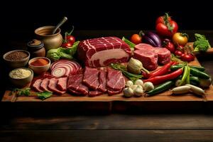 a cutting board with meat and vegetables on it photo