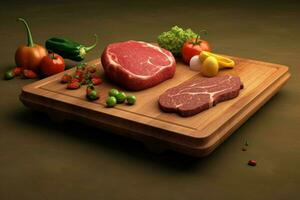 a cutting board with meat and vegetables on it photo