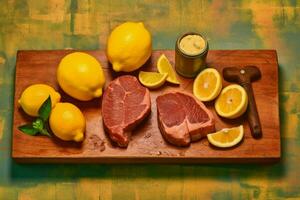 a cutting board with steaks and lemons on it photo