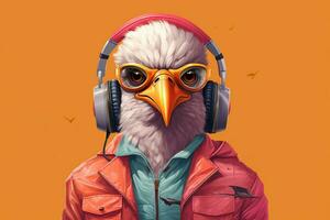 a digital art of a bird with headphones and a jac photo