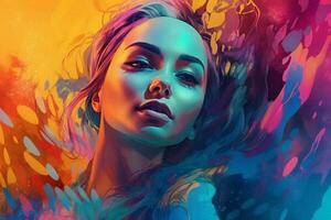 a digital art of a woman with a colorful background photo