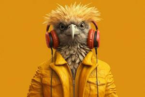 a digital art of a bird with headphones and a jac photo