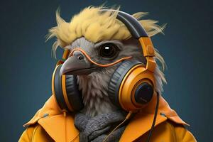 a digital art of a bird with headphones and a jac photo