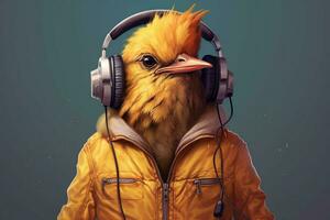 a digital art of a bird with headphones and a jac photo