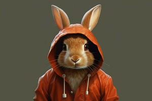 a digital art of a rabbit wearing a hoodie and a photo