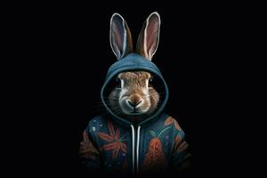 a digital art of a rabbit wearing a hoodie and a photo