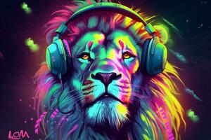 un digital Arte de un león con auriculares y un neo foto