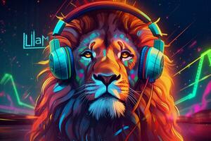 a digital art of a lion with headphones and a neo photo