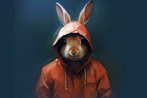 a digital art of a rabbit wearing a hoodie and a photo