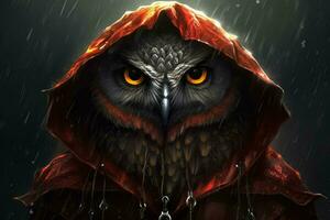 a digital art print of a owl with a red hood and photo