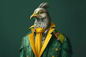 a digital illustration of a bird wearing a green photo