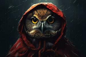a digital art print of a owl with a red hood and photo