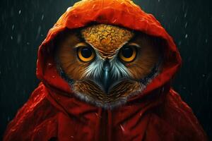 a digital art print of a owl with a red hood and photo