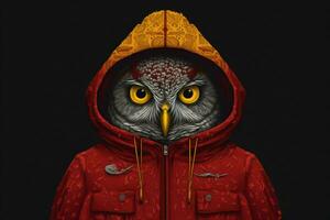 a digital art print of a owl with a red hood and photo