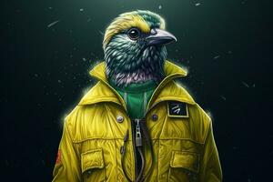 a digital illustration of a bird wearing a green photo
