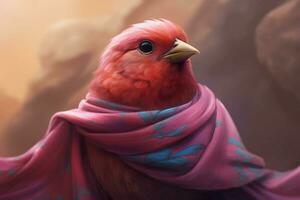 a digital painting of a bird with a pink scarf on photo