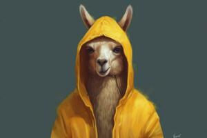 a digital painting of a llama wearing a yellow ho photo