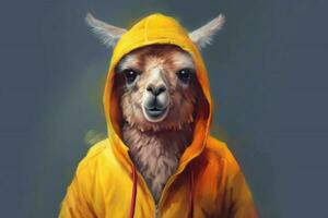 a digital painting of a llama wearing a yellow ho photo