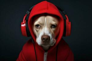 a dog in a red hoodie with a red hoodie and a hea photo