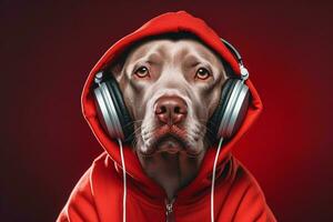 a dog in a red hoodie with a red hoodie and a hea photo